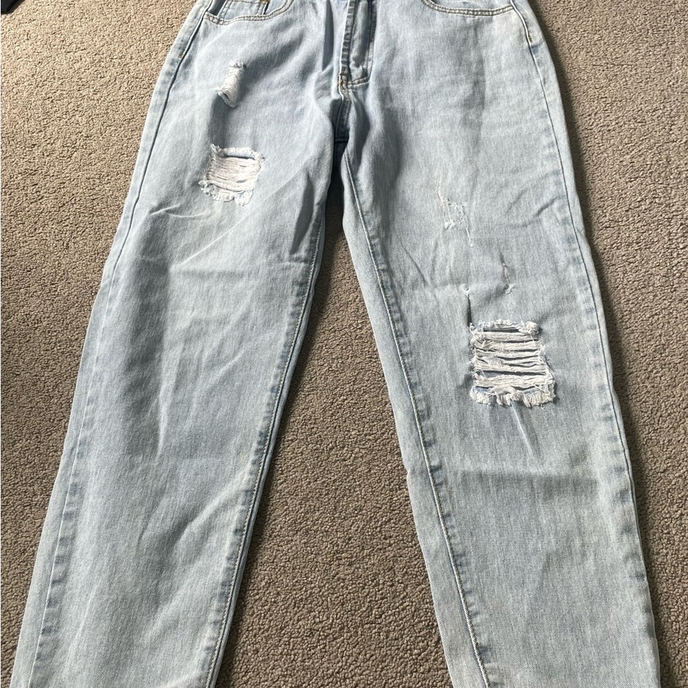 SHEIN Blue Straight Leg Distressed Jeans